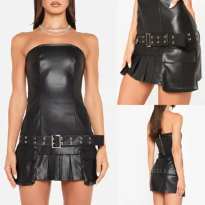 The new Y2K dress is a sexy and sexy European and American style, featuring a leather jacket, belt, strapless skirt and pleated skirt