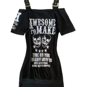 y2k off-the-shoulder one-piece printed double skeleton dress