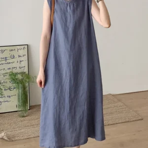 Linen H-shaped comfortable loose long skirt, casual sleeveless vest, simple mid-length versatile dress