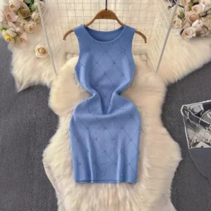 Diamond-encrusted diamond-shaped knitted dress, feminine, round neck, slim, short stretch wrap dress, sleeveless vest dress