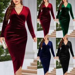 A large-sized long-sleeved velvet tight dress with sexy pleated wraps and a deep V-neck for a party cocktail dress