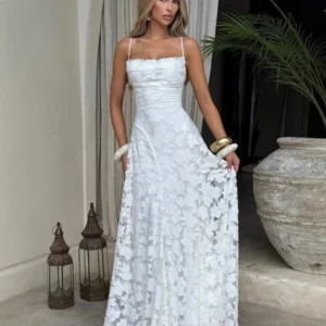 Jacquard sexy slimming halter dress, backless lace-up design long dress