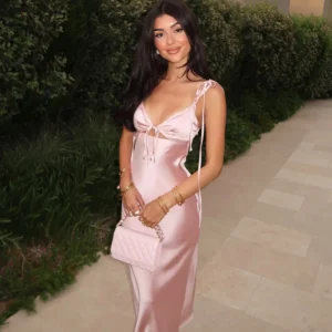 Sexy V-neck drawstring halter dress, sleeveless drawstring long dress for women