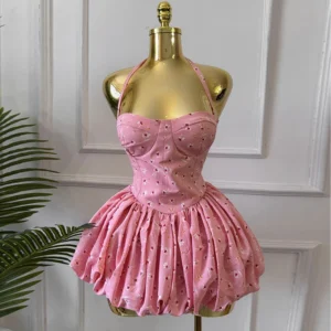 Fashionable and sweet lace-up, waist-cinching, pleated, puffy and printed dress