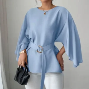 Elegant solid-color shirt, flared mid-sleeved women's clothing