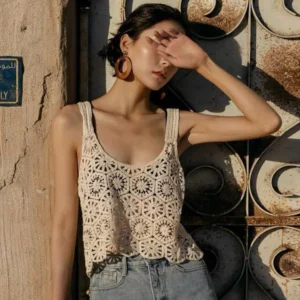 Retro French hollowed-out crocheted loose halter knitted sweater, embroidered short vest, pullover, smock for summer women