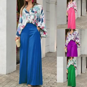 The printed shirt exudes elegance and the wide-leg pants are a fashionable and casual set