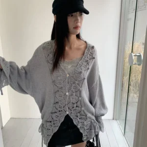 Laid-back style crocheted openwork knitted sweater for women, loose drawstring cardigan c1820