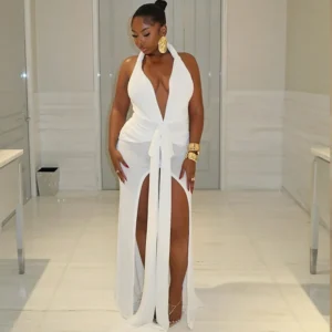 y2k sexy and elegant solid color halter with a backless slit long dress