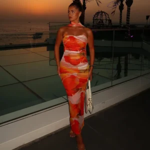 y2k's new summer fashion printed tie-dyed backless lace-up hip-hugging dress